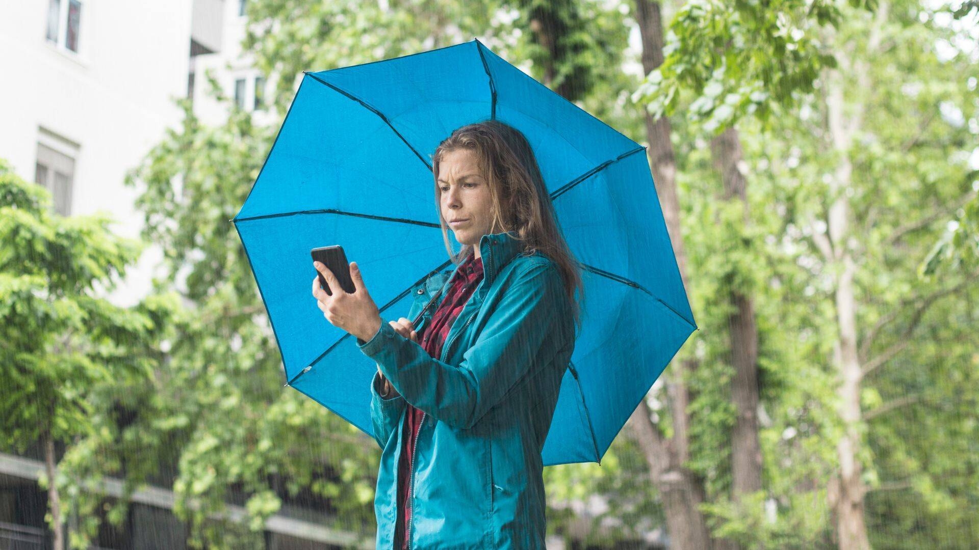 foto di una signora sotto all'ombrello che guarda il cellulare